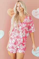 Ensemble pyjama court en soie style chemise à imprimé cœur rose