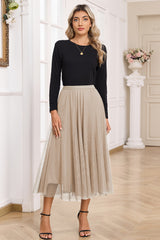 Jupe midi abricot évasée en tulle superposé avec doublure