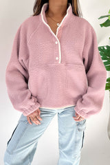 Fushia Plush Sweatshirt with Stand-Up Collar and Half-Button Zip Pocket