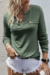 Mist Green Long Sleeve Henley Top with Snap Fastener