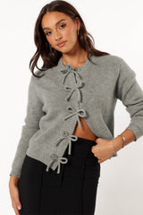 Cardigan boutonné en tricot côtelé gris philippin avec nœud sur le devant-A WOMAN WE LOVE
