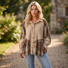 Veste-chemise beige à patchwork floral et manches volantées