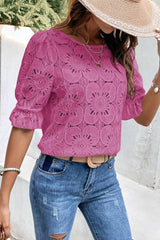 Top de manga en forma de suave en Jacquard con ojales y flores de color rosa brillante