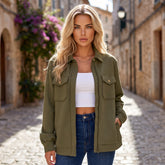 Veste vert kaki unie zippée à col chemise et poches