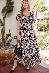 Robe longue bleue à manches courtes, taille haute