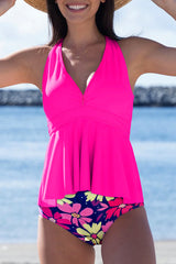Ensemble tankini floral rose à col en V et ourlet à volants-A WOMAN WE LOVE