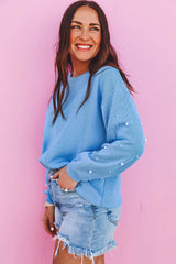 Sweatshirt with pearl sleeves and drooping shoulders, round neck