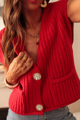 Buttoned Sweater in single -red textured knitting *