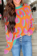 Orange leopard sweater with ribbed edges and color block