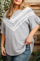 Light gray high with short sleeves and embossed ruffles with lace insert, large size