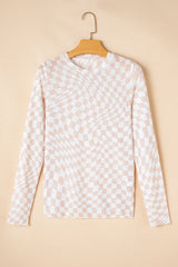 High khaki with long sleeves and climbed collar in checkered pattern mesh