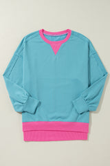 Light Blue Color Block Patchwork Crew Neck Loose Sweatshirt