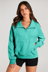 Aruba Blue Quarter Zip Sweatshirt with Stand Collar and Kangaroo Pocket