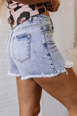 Short en jean Bleu à poches perlées et ourlet brut