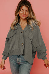 Teal Blue Boxy Fit Pinstriped Cropped Jacket with Flap Pockets