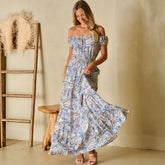 Robe longue bleue à épaules dénudées et imprimé cachemire style bohème