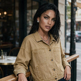 Veste en jean beige foncé en coton à boutons métalliques