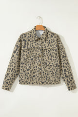 Khaki Retro Leopard Print Seam Detail Button Down Denim Jacket