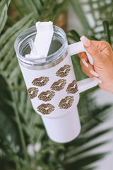 Valentine White Leopard Lip Thermos Thermos Lips con paja de 40 oz