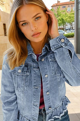 Veste en jean Bleu à volants et ourlet brut *