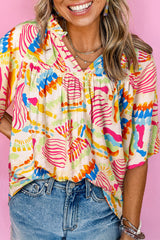 Chemisier orange imprimé abstrait froncé à manches mi-longues et col en V-A WOMAN WE LOVE