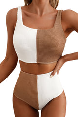 Maillot de bain bikini blanc à cordons et col carré bicolore