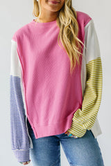Long sleeve top in striped patchwork with pink sodium stitching