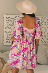 Vestido de babydoll de verano de flores, cuello cuadrado, mangas hinchadas, rosa