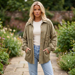 Moss Green Waffle Knit Button-Up Oversized Jacket