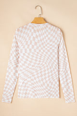 High khaki with long sleeves and climbed collar in checkered pattern mesh
