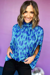 High Caftan Blue with Animal Print and Detail with rising collar