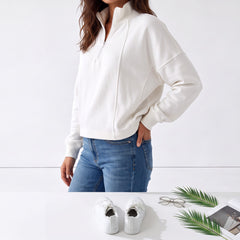 Sweat-shirt blanc à col zippé et épaules tombantes