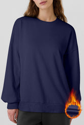 United navy blue sweatshirt lined in falling shoulder fleece, up and down