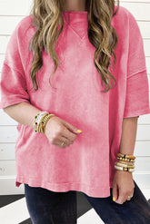 Strawberry Pink Mineral Wash Drop Sleeve Patchwork T-Shirt