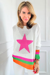 Pull blanc à épaules tombantes et bords rayés color block à motif d'étoiles