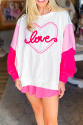White Color Block Sleeve Sweatshirt with Tinsel Love Heart Pattern