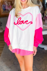 White Color Block Sleeve Sweatshirt with Tinsel Love Heart Pattern