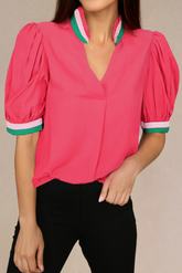 Blusa de manga corta y en V -neck con colorido borde de zanahoria