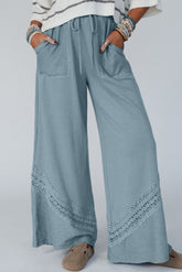 Pantalon large taille haute à lacets et patchs en dentelle bleu crépuscule