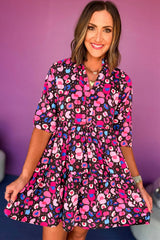 Pink Abstract Print V-Neck Half Sleeve Short Dress