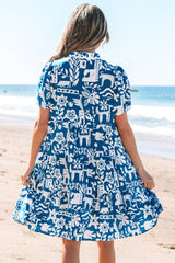 Blue floral loose dress with split collar and Ricrac border