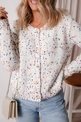 Cardigan pull à confettis multicolores à décor de strass blanc-A WOMAN WE LOVE
