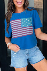 T-shirt ras du cou à motif de drapeau américain véritable sarcelle