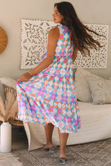 Long ruffled dress and sleeve blue floral print on several levels