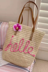 Sac cabas beige bohème HELLO à motif crochet et fleur amovible