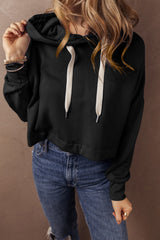 Short black hooded plain with drooping shoulders *
