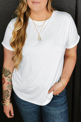 White round neck t-shirt with rolled up sleeves, plus size