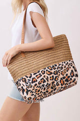 Grand sac cabas effet paille tressée à empiècement léopard