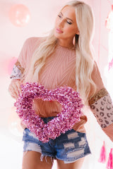 Pink Leopard Sequin Spliced Sleeve Textured Knit Top