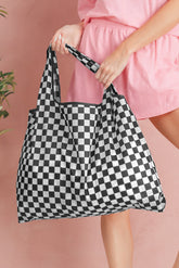 Grand sac cabas noir en toile à imprimé damier